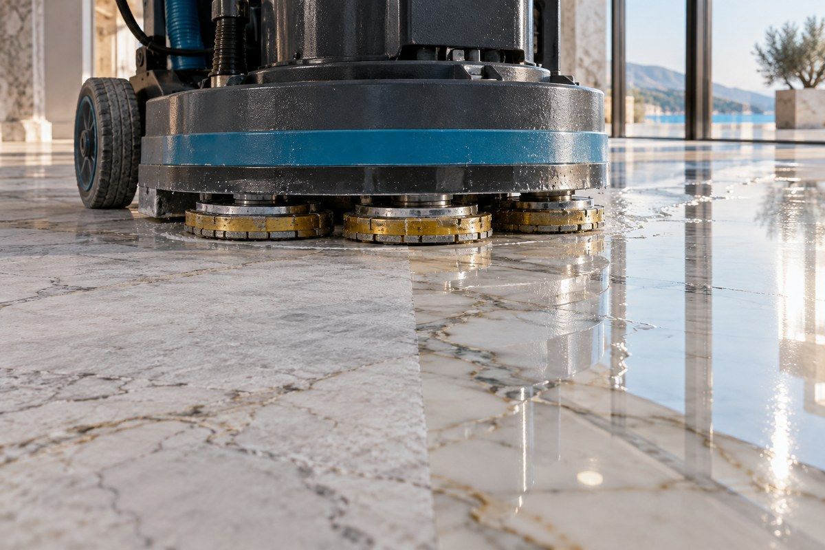 Machine de ponçage à disques diamantés sur un sol en marbre blanc, avec un côté mat et un côté poli